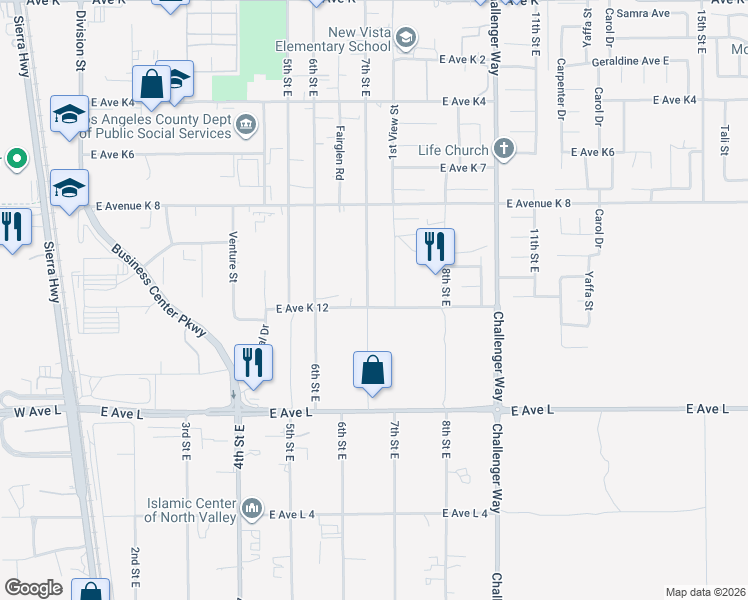 map of restaurants, bars, coffee shops, grocery stores, and more near 43014 7th Street East in Lancaster