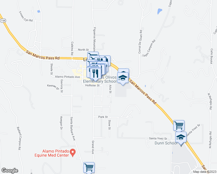 map of restaurants, bars, coffee shops, grocery stores, and more near 2855 Alta Street in Los Olivos