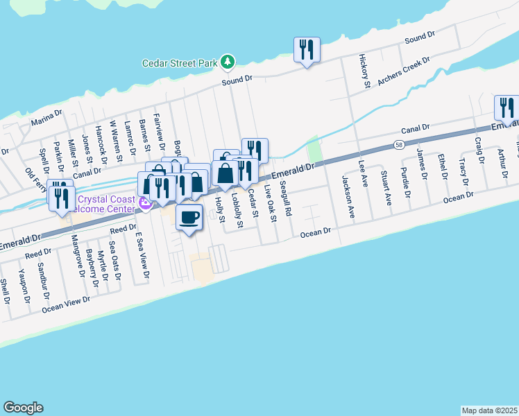 map of restaurants, bars, coffee shops, grocery stores, and more near 210 Cedar Street in Emerald Isle