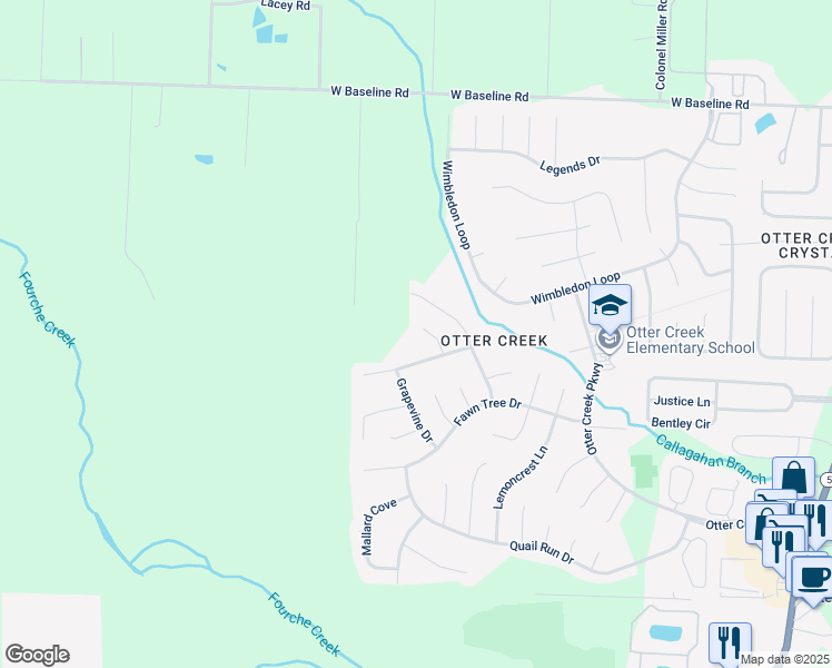 map of restaurants, bars, coffee shops, grocery stores, and more near 7 Wildberry Place in Little Rock