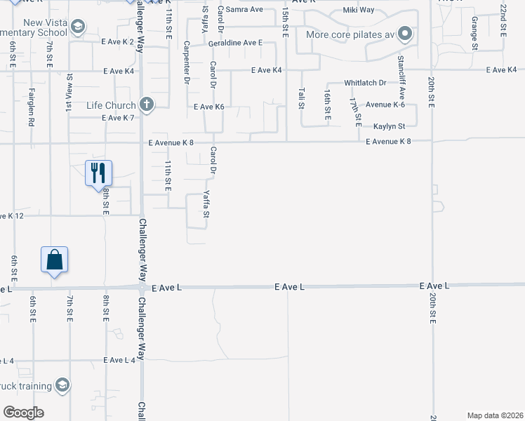 map of restaurants, bars, coffee shops, grocery stores, and more near 1124 East Avenue K 14 in Lancaster