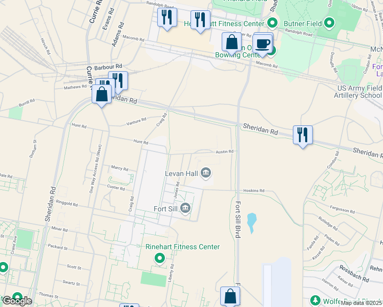map of restaurants, bars, coffee shops, grocery stores, and more near Austin Road in Lawton