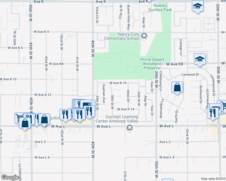 map of restaurants, bars, coffee shops, grocery stores, and more near 3748 West Avenue K-11 in Lancaster