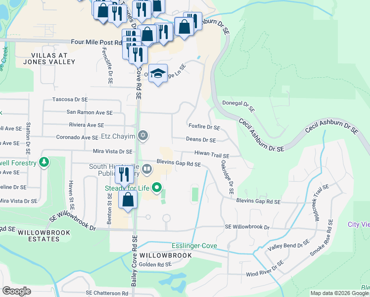 map of restaurants, bars, coffee shops, grocery stores, and more near 1306 Deans Drive Southeast in Huntsville