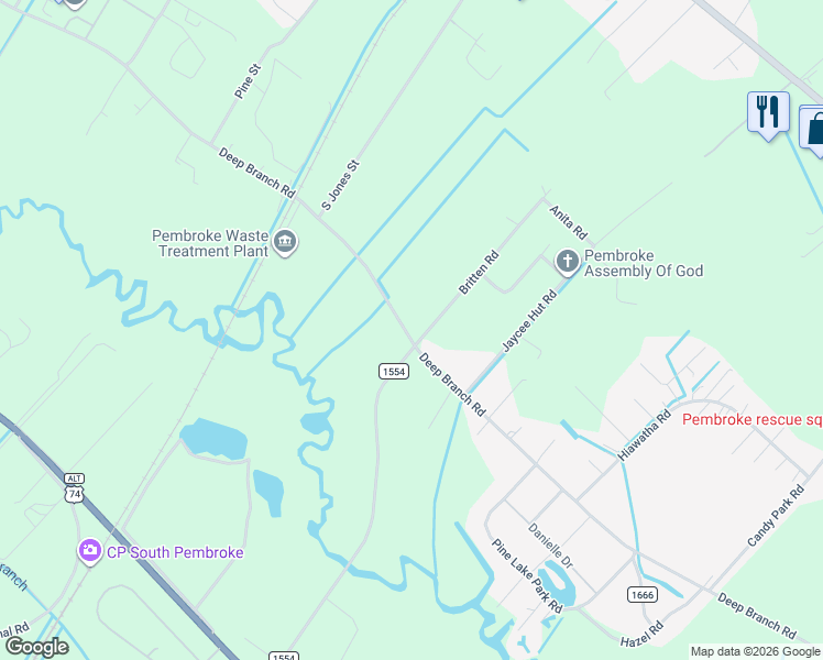 map of restaurants, bars, coffee shops, grocery stores, and more near 7712 Deep Branch Road in Pembroke