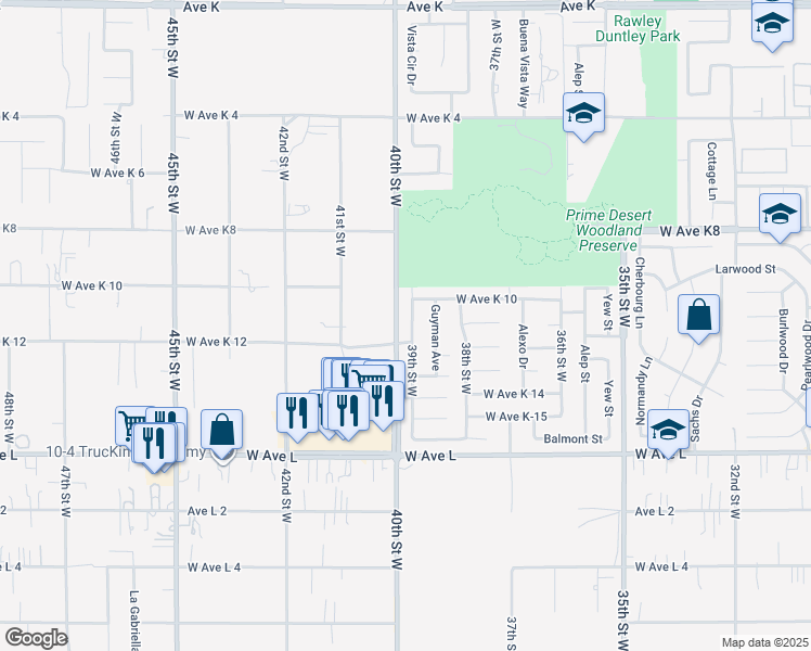 map of restaurants, bars, coffee shops, grocery stores, and more near 43057 40th Street West in Quartz Hill