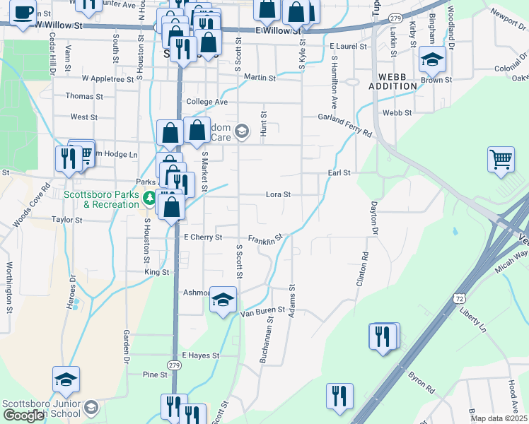 map of restaurants, bars, coffee shops, grocery stores, and more near 314 Lora Street in Scottsboro