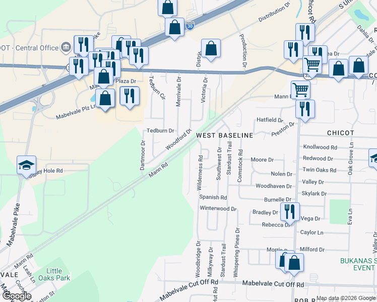 map of restaurants, bars, coffee shops, grocery stores, and more near 9414 Wilderness Road in Little Rock