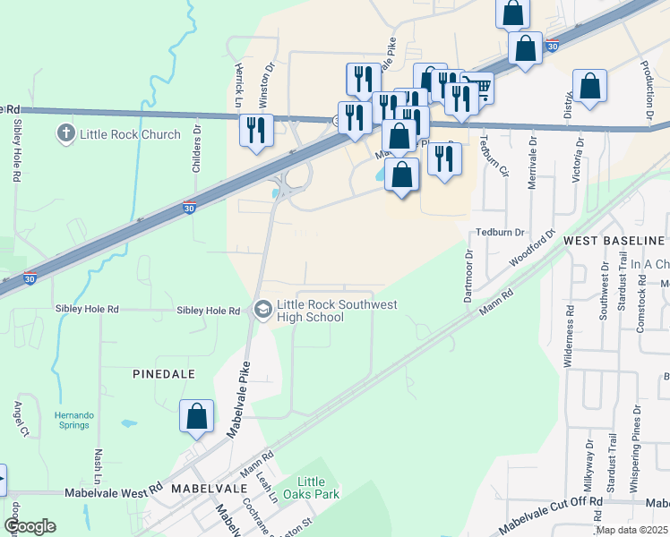 map of restaurants, bars, coffee shops, grocery stores, and more near 11 Mabelvale Plaza Drive in Little Rock
