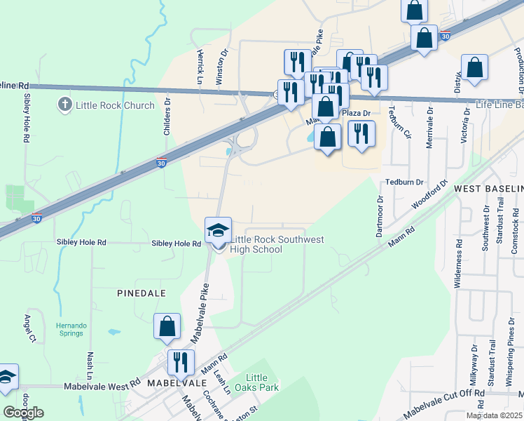 map of restaurants, bars, coffee shops, grocery stores, and more near 11 Mabelvale Plaza Drive in Little Rock