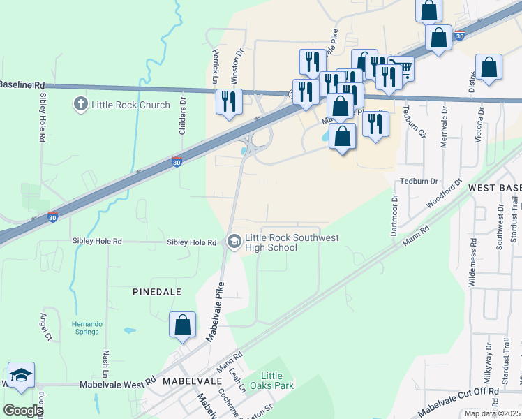 map of restaurants, bars, coffee shops, grocery stores, and more near 11 Mabelvale Plaza Drive in Little Rock