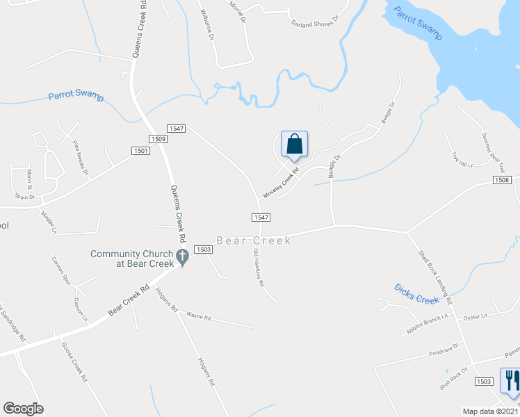 map of restaurants, bars, coffee shops, grocery stores, and more near 124 Parrot Swamp Loop Road in Hubert
