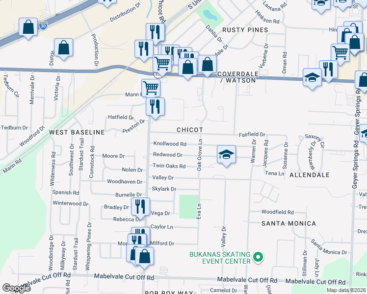 map of restaurants, bars, coffee shops, grocery stores, and more near in Little Rock