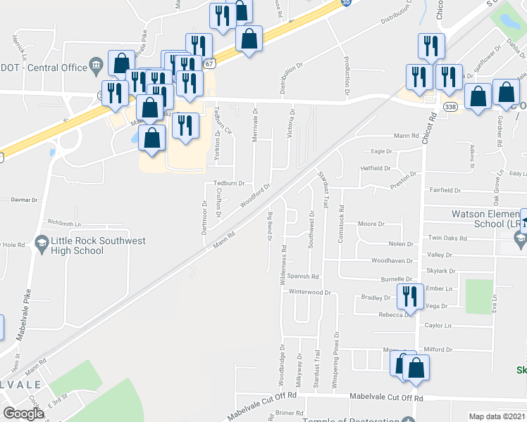 map of restaurants, bars, coffee shops, grocery stores, and more near 9511 Woodford Drive in Little Rock