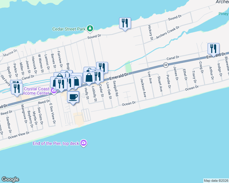 map of restaurants, bars, coffee shops, grocery stores, and more near 120 Live Oak Street in Emerald Isle