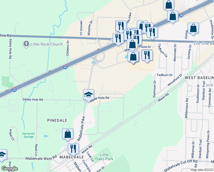 map of restaurants, bars, coffee shops, grocery stores, and more near 10200 Richsmith Lane in Little Rock