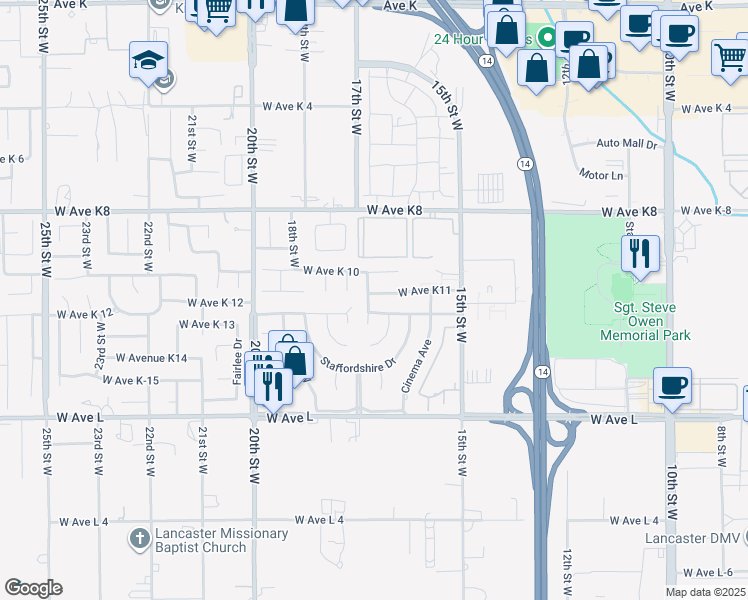 map of restaurants, bars, coffee shops, grocery stores, and more near 43033 Cromley Court in Lancaster