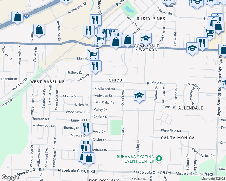 map of restaurants, bars, coffee shops, grocery stores, and more near in Little Rock