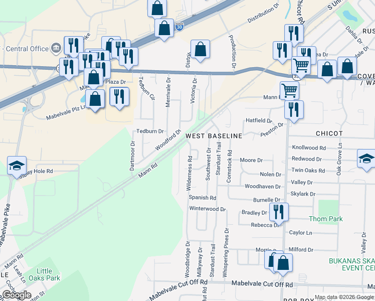 map of restaurants, bars, coffee shops, grocery stores, and more near 9414 Wilderness Road in Little Rock