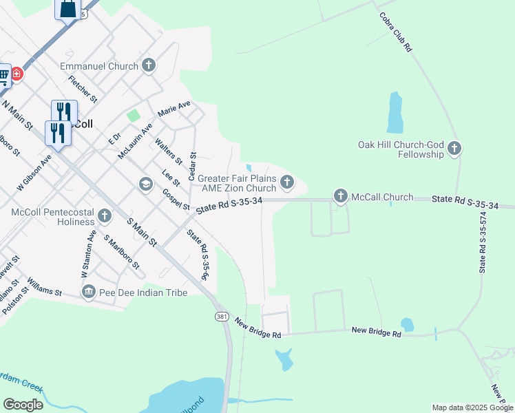 map of restaurants, bars, coffee shops, grocery stores, and more near 508 State Road S-35-34 in McColl