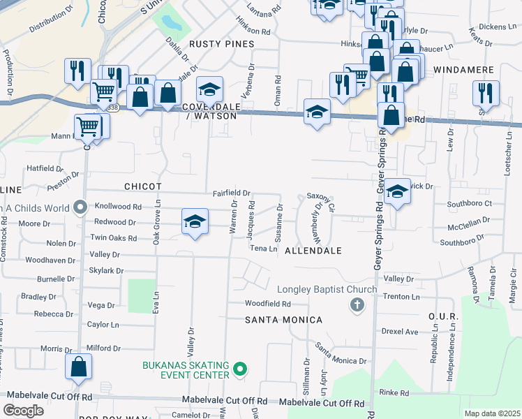 map of restaurants, bars, coffee shops, grocery stores, and more near 6614 Delilah Lane in Little Rock