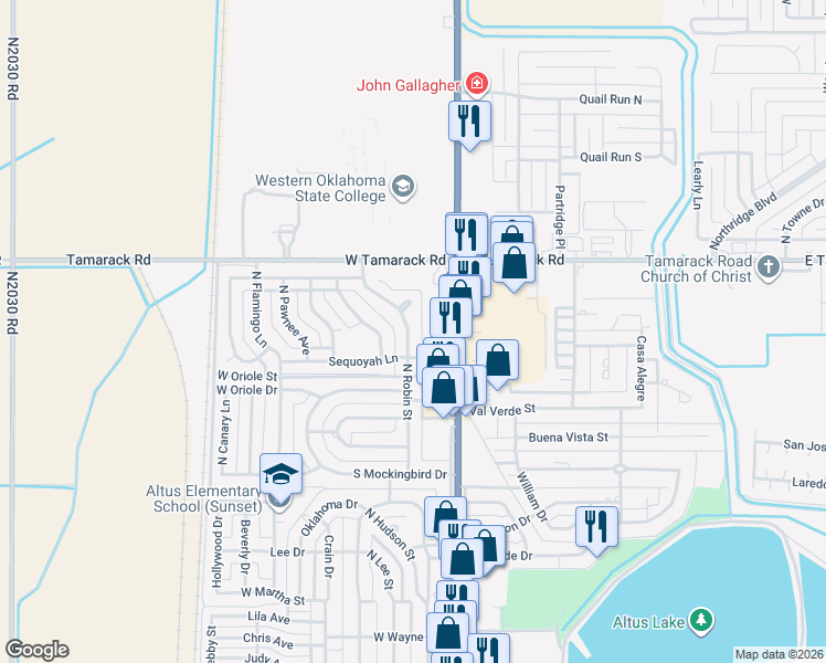 map of restaurants, bars, coffee shops, grocery stores, and more near 2412 North Robin Street in Altus