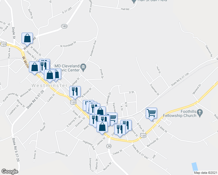map of restaurants, bars, coffee shops, grocery stores, and more near 311 Lakeside Drive in Westminster