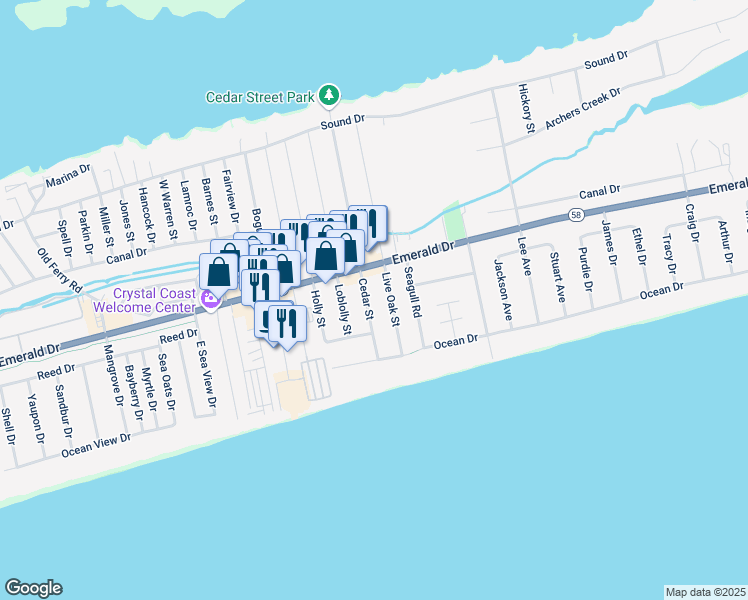 map of restaurants, bars, coffee shops, grocery stores, and more near 215 Cedar Street in Emerald Isle