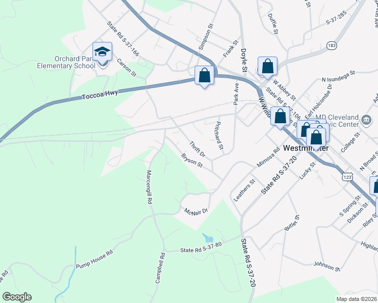 map of restaurants, bars, coffee shops, grocery stores, and more near 215 Bryson Street in Westminster