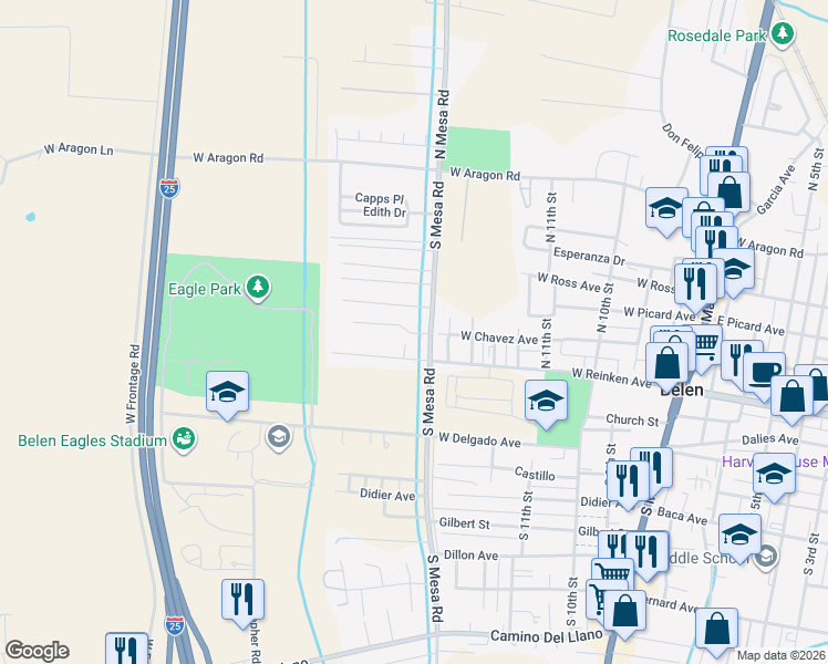map of restaurants, bars, coffee shops, grocery stores, and more near 1602 Michael Don Avenue in Belen