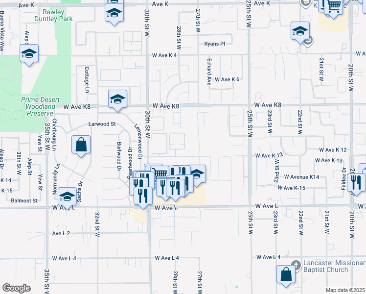 map of restaurants, bars, coffee shops, grocery stores, and more near 2807 West Avenue K 12 in Lancaster