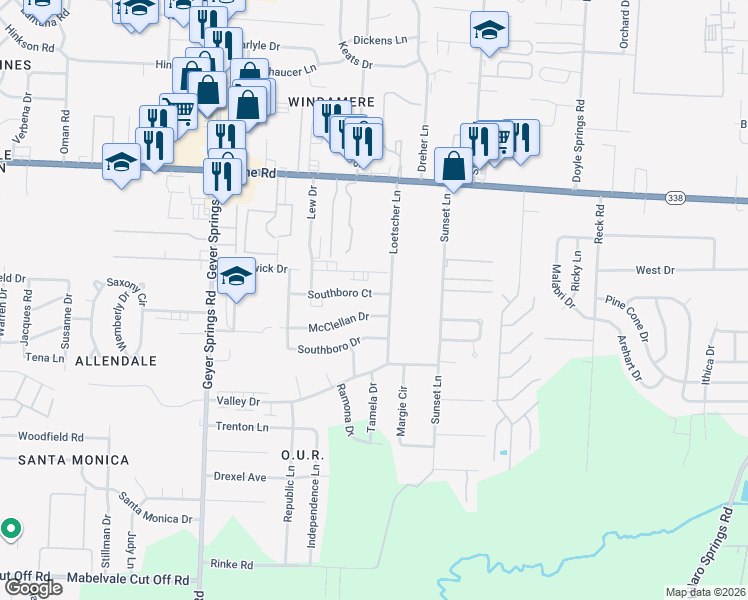 map of restaurants, bars, coffee shops, grocery stores, and more near 5217 Southboro Court in Little Rock