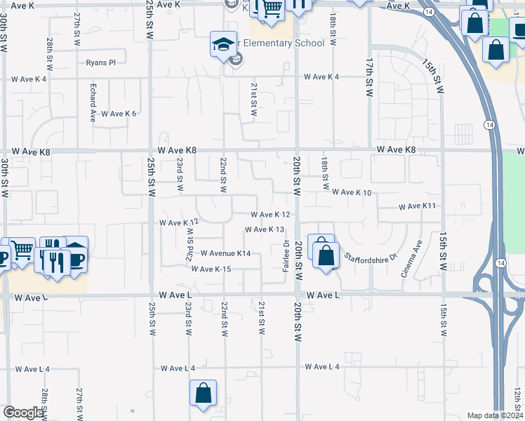 map of restaurants, bars, coffee shops, grocery stores, and more near 43016 21st Street West in Lancaster