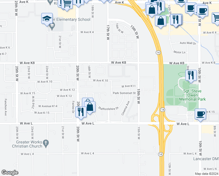map of restaurants, bars, coffee shops, grocery stores, and more near 43019 Cromley Court in Lancaster