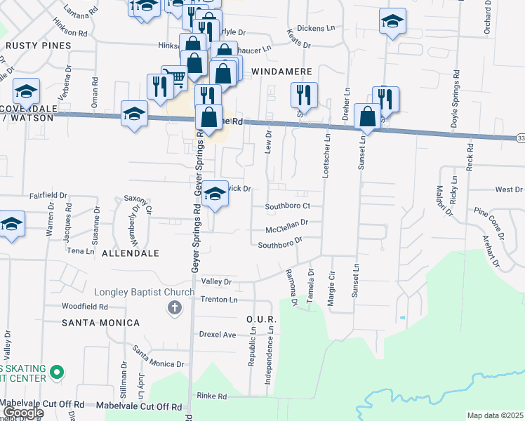 map of restaurants, bars, coffee shops, grocery stores, and more near 9315 Lew Drive in Little Rock
