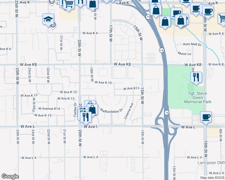 map of restaurants, bars, coffee shops, grocery stores, and more near 43019 Cromley Court in Lancaster