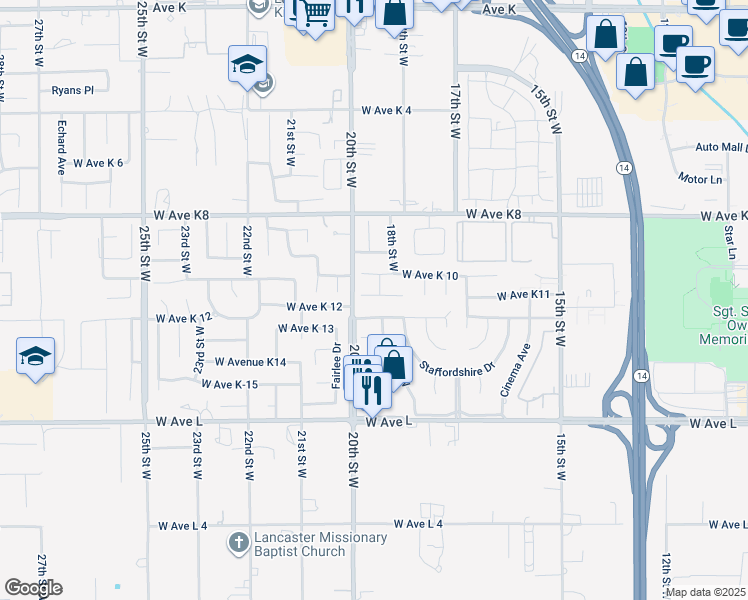 map of restaurants, bars, coffee shops, grocery stores, and more near 1816 West Avenue K11 in Lancaster
