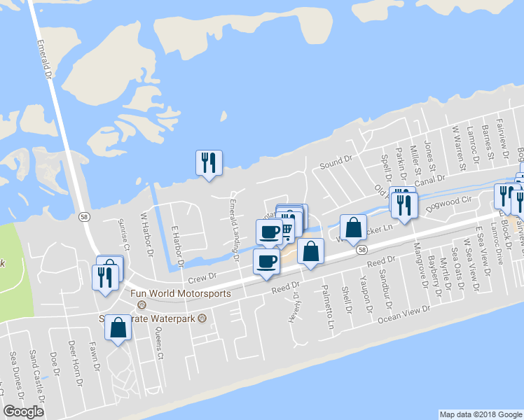 map of restaurants, bars, coffee shops, grocery stores, and more near 440 Emerald Circle in Emerald Isle