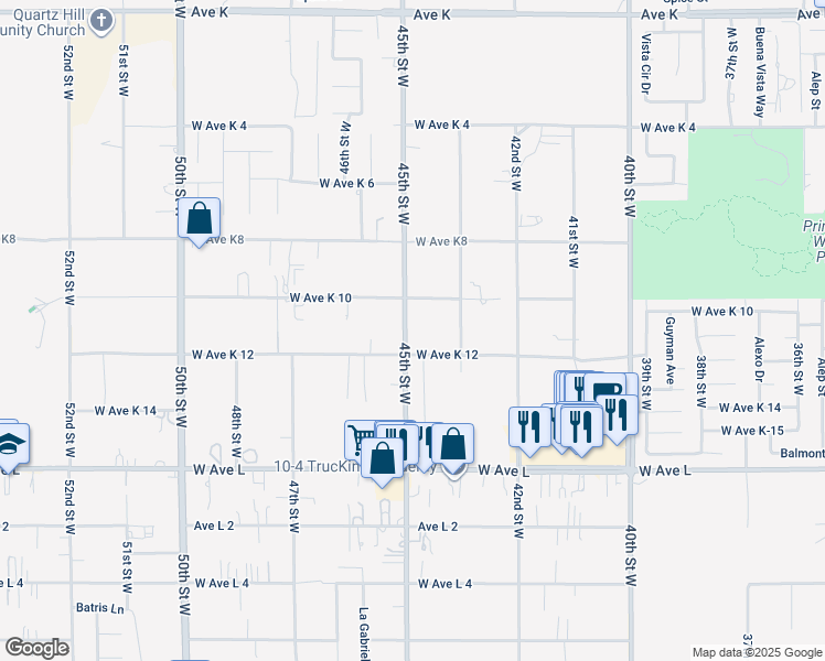 map of restaurants, bars, coffee shops, grocery stores, and more near 43028 45th Street West in Lancaster