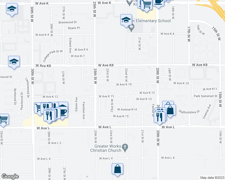 map of restaurants, bars, coffee shops, grocery stores, and more near 43015 Bloomingpark Street in Lancaster