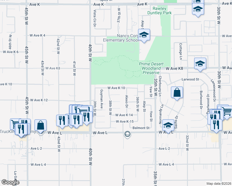 map of restaurants, bars, coffee shops, grocery stores, and more near 3727 West Avenue K-11 in Lancaster