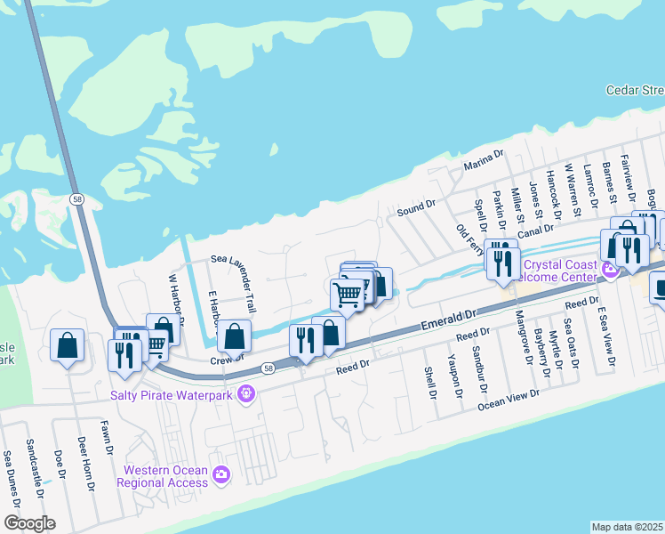 map of restaurants, bars, coffee shops, grocery stores, and more near 419 Emerald Circle in Emerald Isle