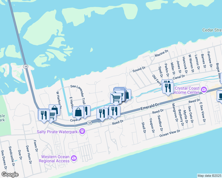 map of restaurants, bars, coffee shops, grocery stores, and more near 419 Emerald Circle in Emerald Isle
