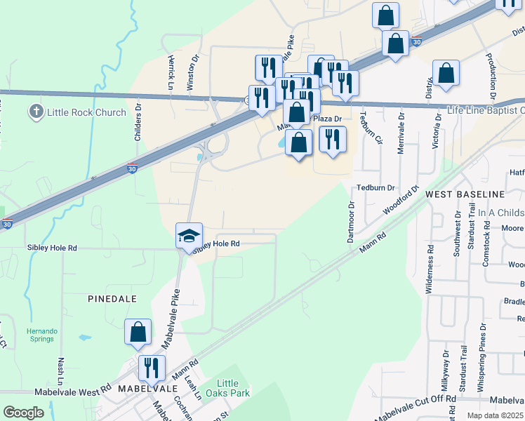 map of restaurants, bars, coffee shops, grocery stores, and more near 11 Mabelvale Plaza Drive in Little Rock