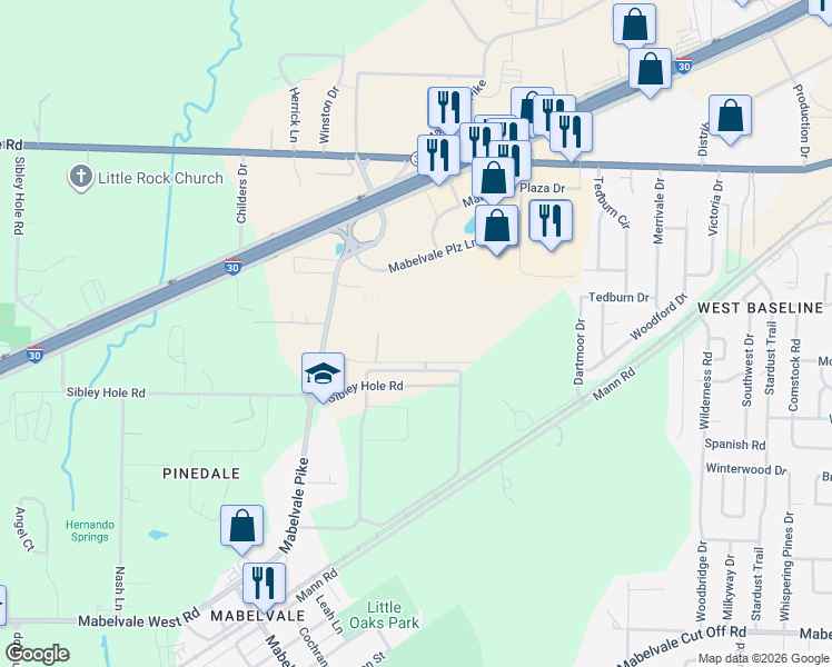 map of restaurants, bars, coffee shops, grocery stores, and more near 11 Mabelvale Plaza Drive in Little Rock