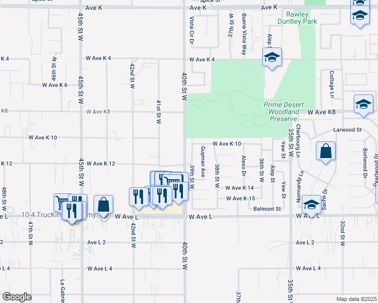 map of restaurants, bars, coffee shops, grocery stores, and more near 43033 39th Street West in Lancaster