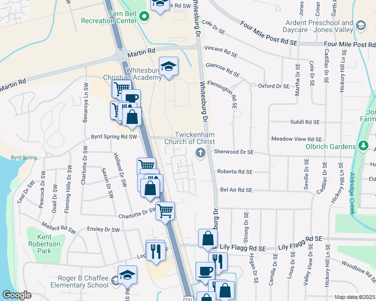 map of restaurants, bars, coffee shops, grocery stores, and more near 303 Kensington Court Southwest in Huntsville