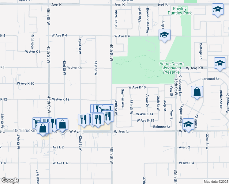 map of restaurants, bars, coffee shops, grocery stores, and more near 43033 39th Street West in Lancaster