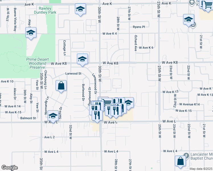 map of restaurants, bars, coffee shops, grocery stores, and more near 43032 30th Street West in Lancaster