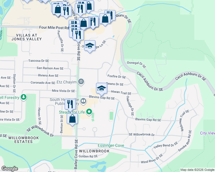 map of restaurants, bars, coffee shops, grocery stores, and more near 1306 Deans Dr SE in Huntsville